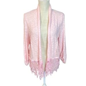 INC 3/4 Long Sleeve Cardigan Sweater Pink Womens M Knit Crochet Floral